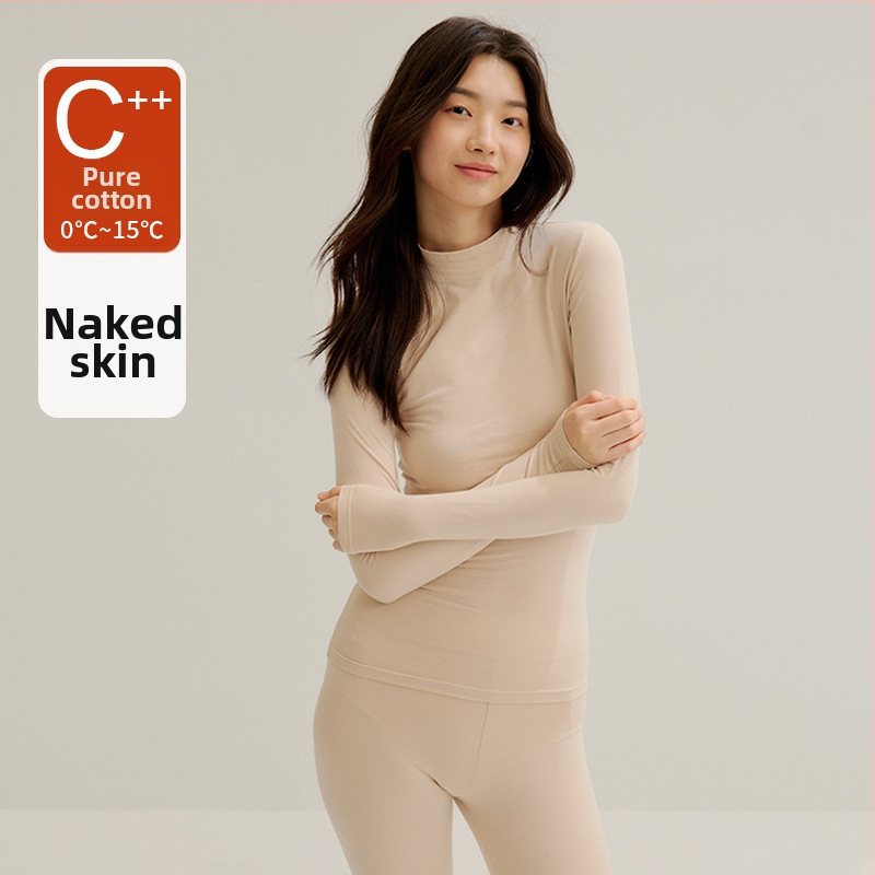 Moterų medvilnės pamatas komplektas: topas su pusiau aukštu kaklu ir ilgomis rankovėmis bei ilgos kelnės, 90–95% medvilnė, 181–200 g/m², šilta, anti-statistinė, anti-piling, vieno sluoksnio