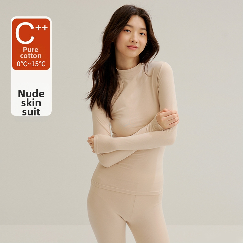 Moterų medvilnės pamatas komplektas: topas su pusiau aukštu kaklu ir ilgomis rankovėmis bei ilgos kelnės, 90–95% medvilnė, 181–200 g/m², šilta, anti-statistinė, anti-piling, vieno sluoksnio