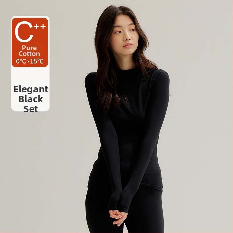 Moterų medvilnės pamatas komplektas: topas su pusiau aukštu kaklu ir ilgomis rankovėmis bei ilgos kelnės, 90–95% medvilnė, 181–200 g/m², šilta, anti-statistinė, anti-piling, vieno sluoksnio