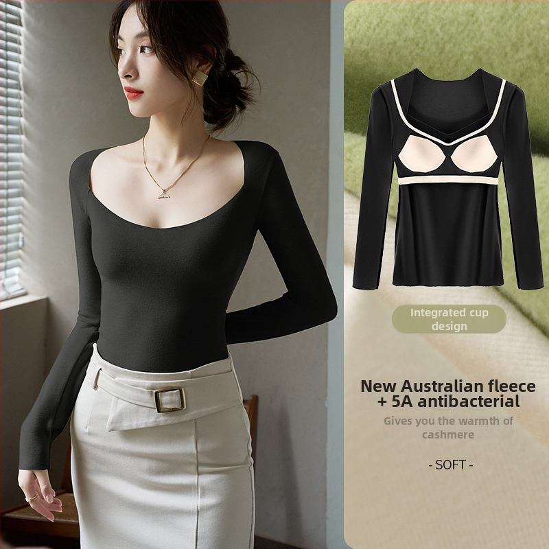 Moteriškas šilumos apatinių komplektas su V kaklu ir įmontuotu krūtinės pagalviu; viskozės audinys; velvetinė įdėklė; storis 251–300 g/m²