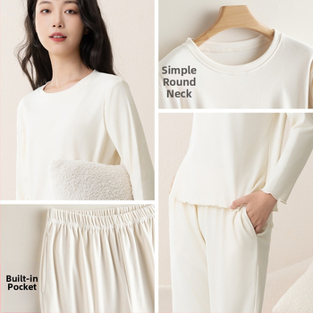 Sieviešu pidžāmas komplekts rudens–ziemas sezonai ar fleece oderi, bieza auduma, apaļš kakls, garas piedurknes; var valkāt ārpus mājas.