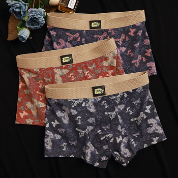 Vyriniai medvilniniai boxeriai su drugelių ir gėlių atspaudu – kvėpuojantys, antibakteriniai, be siūlių, vidutinio juosmens