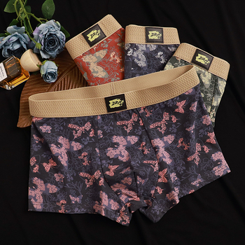 Vyriniai medvilniniai boxeriai su drugelių ir gėlių atspaudu – kvėpuojantys, antibakteriniai, be siūlių, vidutinio juosmens