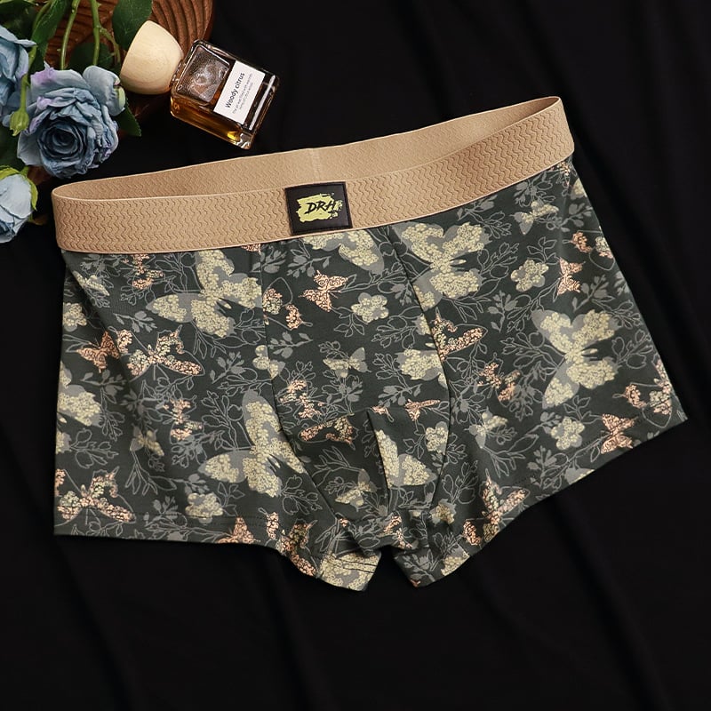 Vyriniai medvilniniai boxeriai su drugelių ir gėlių atspaudu – kvėpuojantys, antibakteriniai, be siūlių, vidutinio juosmens