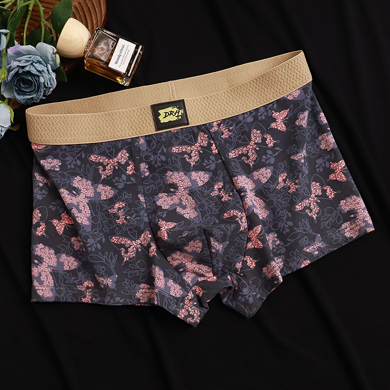Vyriniai medvilniniai boxeriai su drugelių ir gėlių atspaudu – kvėpuojantys, antibakteriniai, be siūlių, vidutinio juosmens