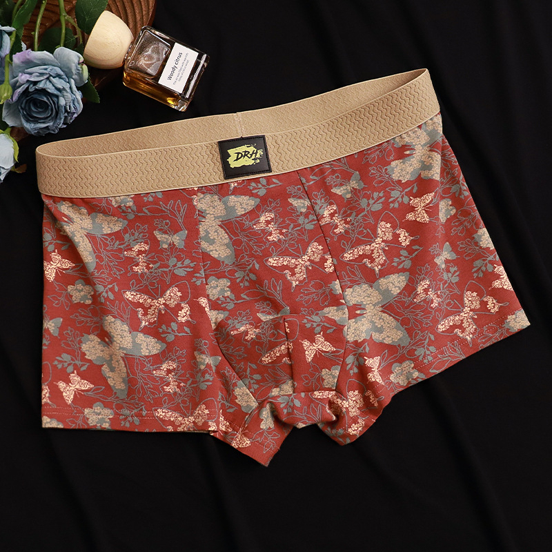 Vyriniai medvilniniai boxeriai su drugelių ir gėlių atspaudu – kvėpuojantys, antibakteriniai, be siūlių, vidutinio juosmens