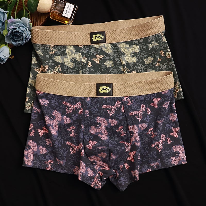 Vyriniai medvilniniai boxeriai su drugelių ir gėlių atspaudu – kvėpuojantys, antibakteriniai, be siūlių, vidutinio juosmens