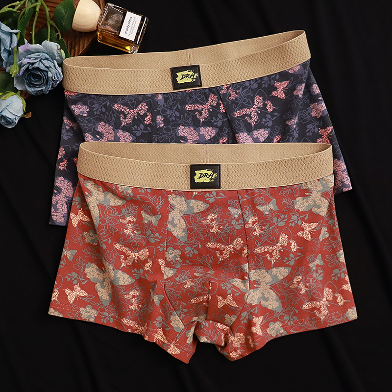 Vyriniai medvilniniai boxeriai su drugelių ir gėlių atspaudu – kvėpuojantys, antibakteriniai, be siūlių, vidutinio juosmens