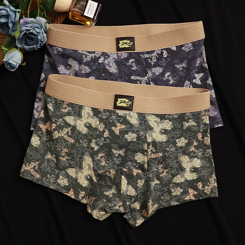 Vyriniai medvilniniai boxeriai su drugelių ir gėlių atspaudu – kvėpuojantys, antibakteriniai, be siūlių, vidutinio juosmens