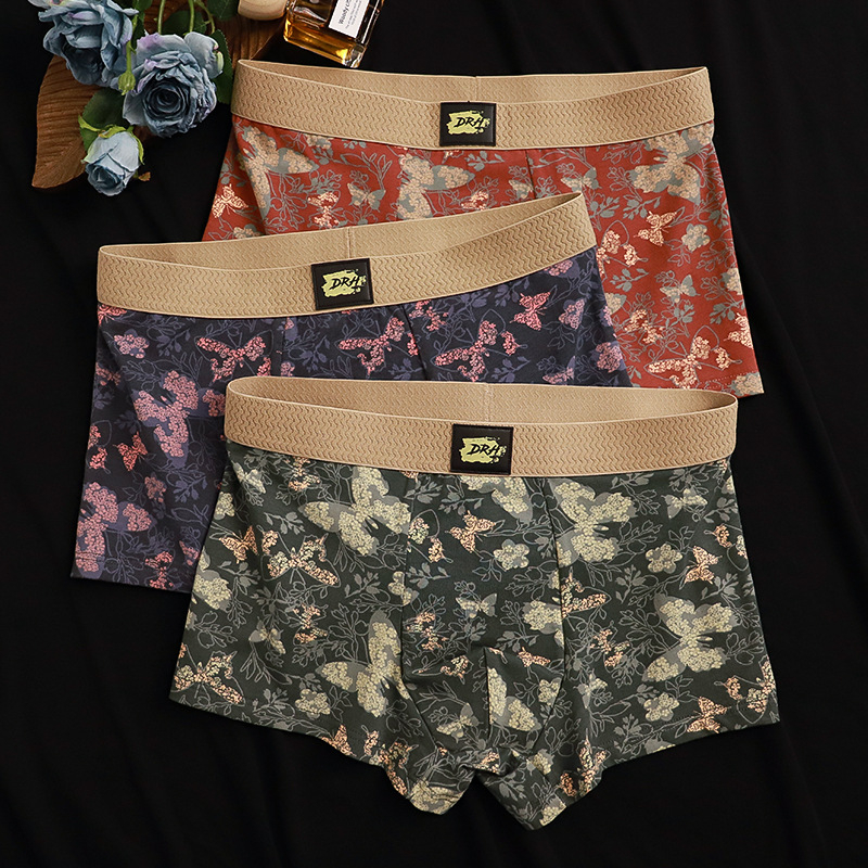 Vyriniai medvilniniai boxeriai su drugelių ir gėlių atspaudu – kvėpuojantys, antibakteriniai, be siūlių, vidutinio juosmens