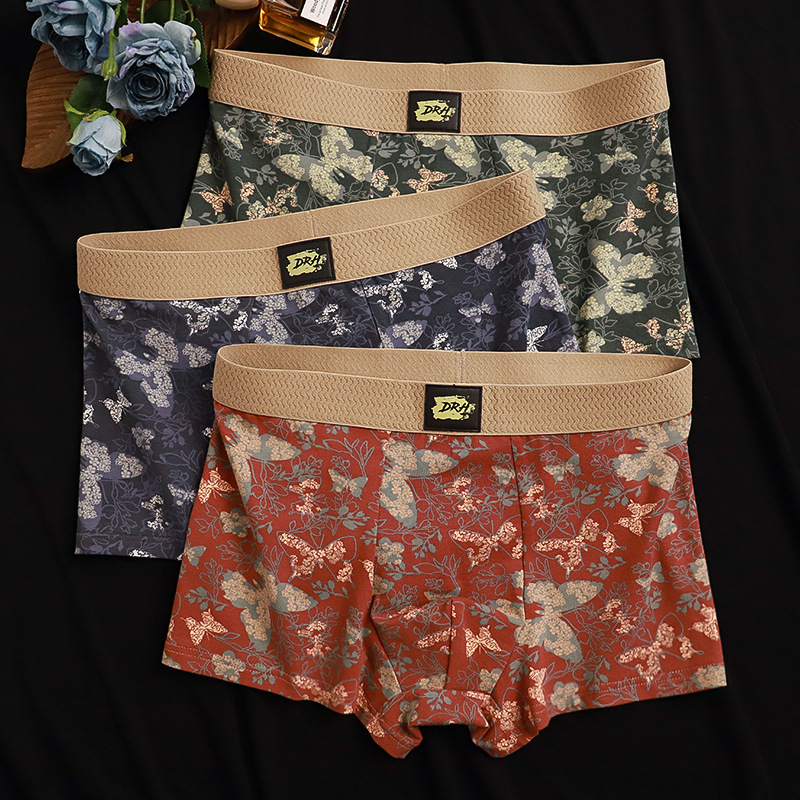 Vyriniai medvilniniai boxeriai su drugelių ir gėlių atspaudu – kvėpuojantys, antibakteriniai, be siūlių, vidutinio juosmens