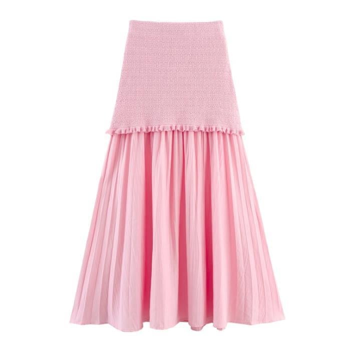 Moterų sijoninis kostiumas su sluoksniuotos dekoratyvinės megztos striukės ir be rankovių viršutine dalimi, aukšta juosmens, vidutinio ilgio sijonas, poliesteris 70–80%