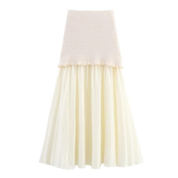 Moterų sijoninis kostiumas su sluoksniuotos dekoratyvinės megztos striukės ir be rankovių viršutine dalimi, aukšta juosmens, vidutinio ilgio sijonas, poliesteris 70–80%