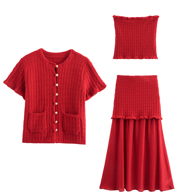 Moterų sijoninis kostiumas su sluoksniuotos dekoratyvinės megztos striukės ir be rankovių viršutine dalimi, aukšta juosmens, vidutinio ilgio sijonas, poliesteris 70–80%