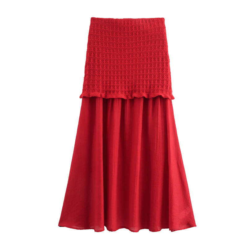 Moterų sijoninis kostiumas su sluoksniuotos dekoratyvinės megztos striukės ir be rankovių viršutine dalimi, aukšta juosmens, vidutinio ilgio sijonas, poliesteris 70–80%