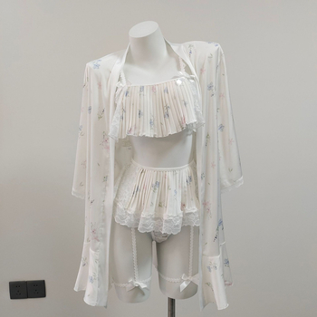 Σεξουαλικό νυχτικό με τιράντες και δαντέλα Ice Silk, V-λαιμός, 3/4 μανίκια, 181–200 g/m²