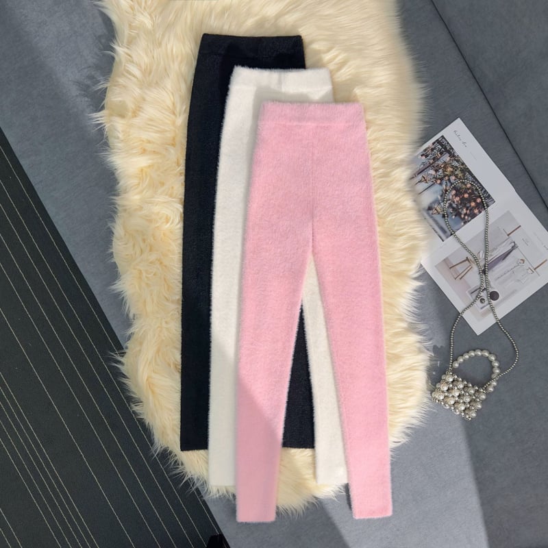 Sieviešu poliestera adīti legingi ar augstu jostu, cieši pieguļošs siluets, 9/10 garums, bieza silta auduma