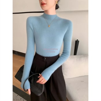 Pulover damă din tricot cu guler semiînalt, croială Slim, mâneci lungi, material tricot poliester