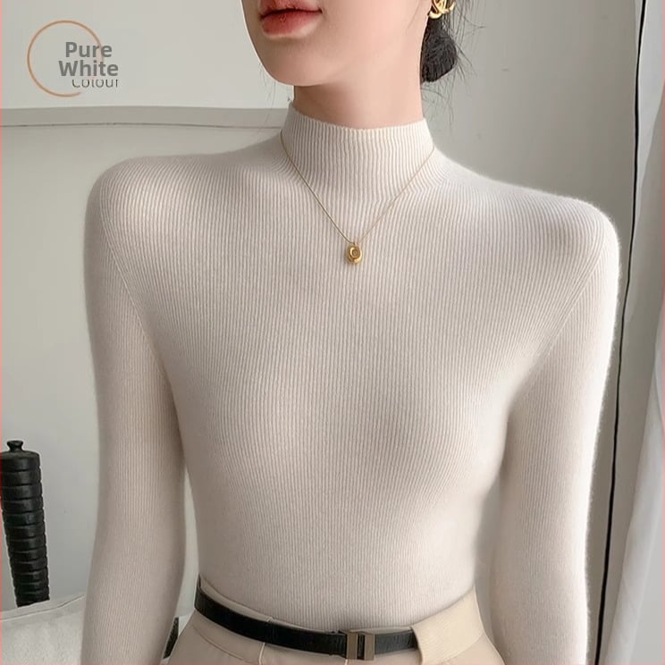 Pulover damă din tricot cu guler semiînalt, croială Slim, mâneci lungi, material tricot poliester