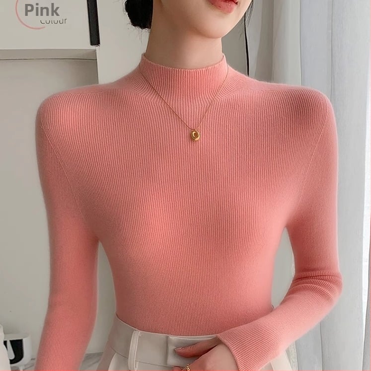 Pulover damă din tricot cu guler semiînalt, croială Slim, mâneci lungi, material tricot poliester