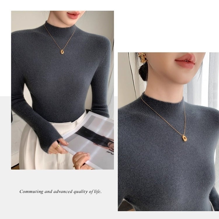 Pulover damă din tricot cu guler semiînalt, croială Slim, mâneci lungi, material tricot poliester