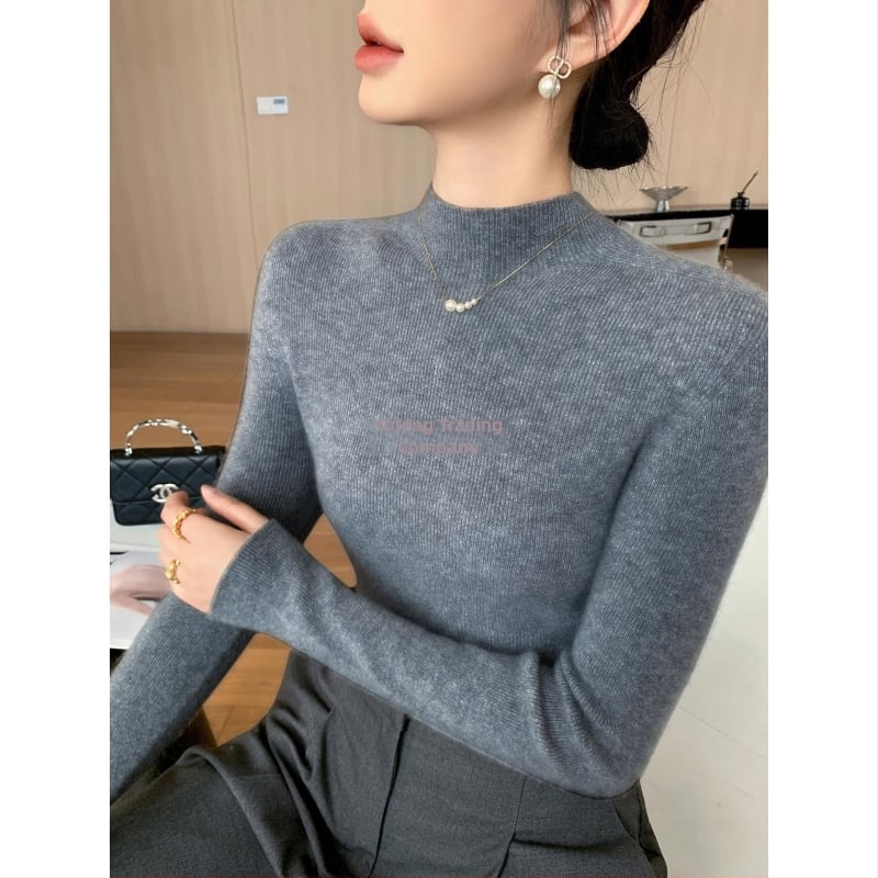 Pulover damă din tricot cu guler semiînalt, croială Slim, mâneci lungi, material tricot poliester