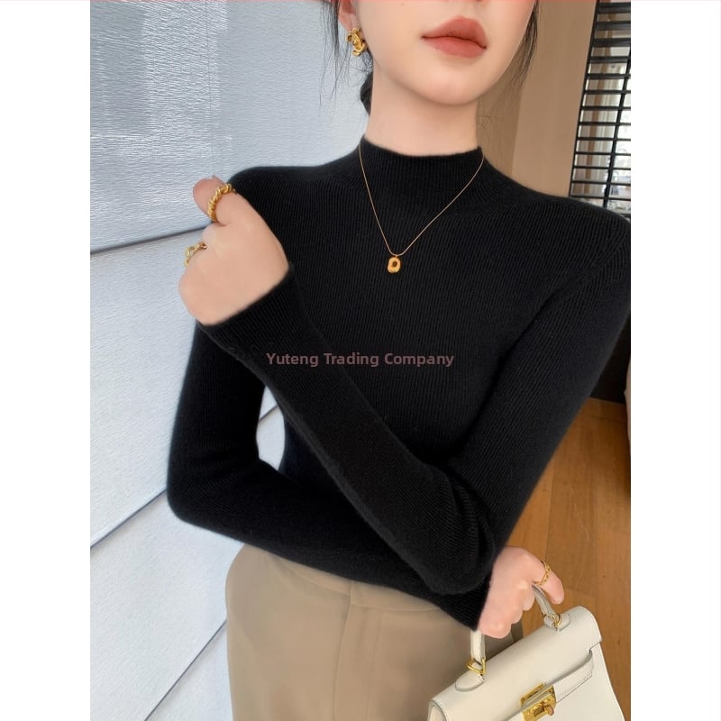 Pulover damă din tricot cu guler semiînalt, croială Slim, mâneci lungi, material tricot poliester