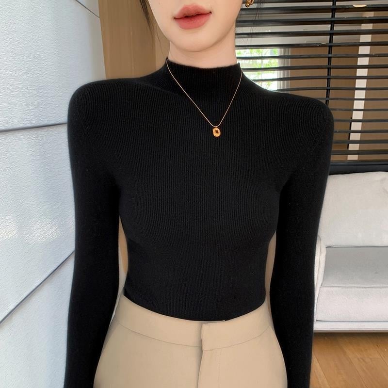 Pulover damă din tricot cu guler semiînalt, croială Slim, mâneci lungi, material tricot poliester