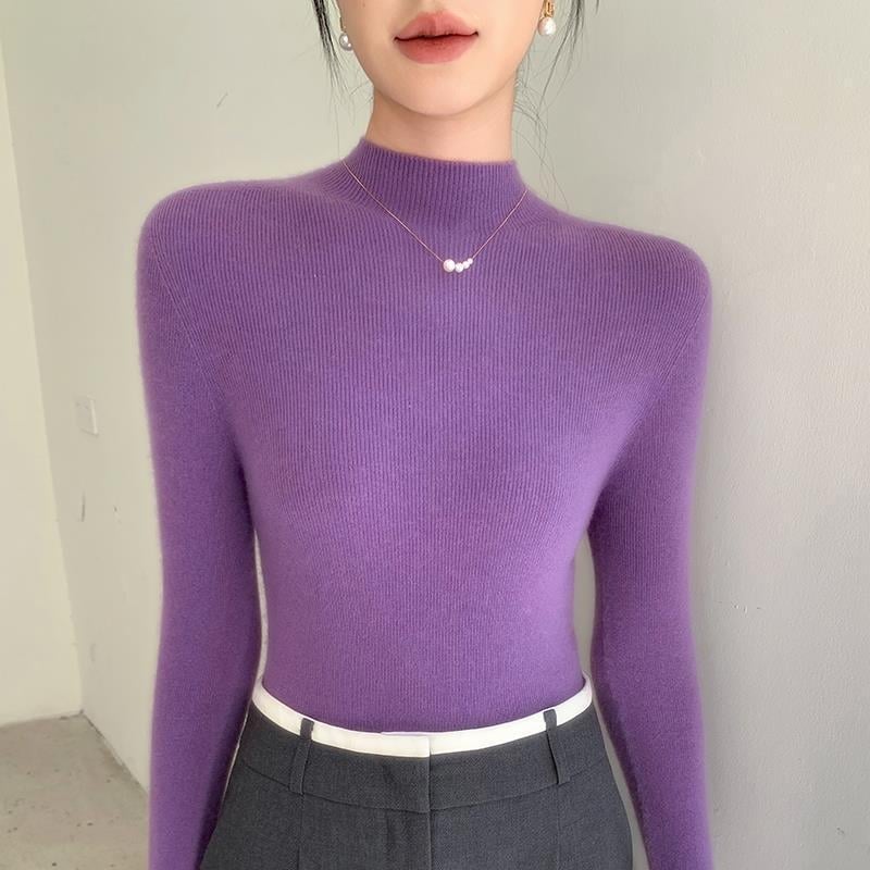 Pulover damă din tricot cu guler semiînalt, croială Slim, mâneci lungi, material tricot poliester