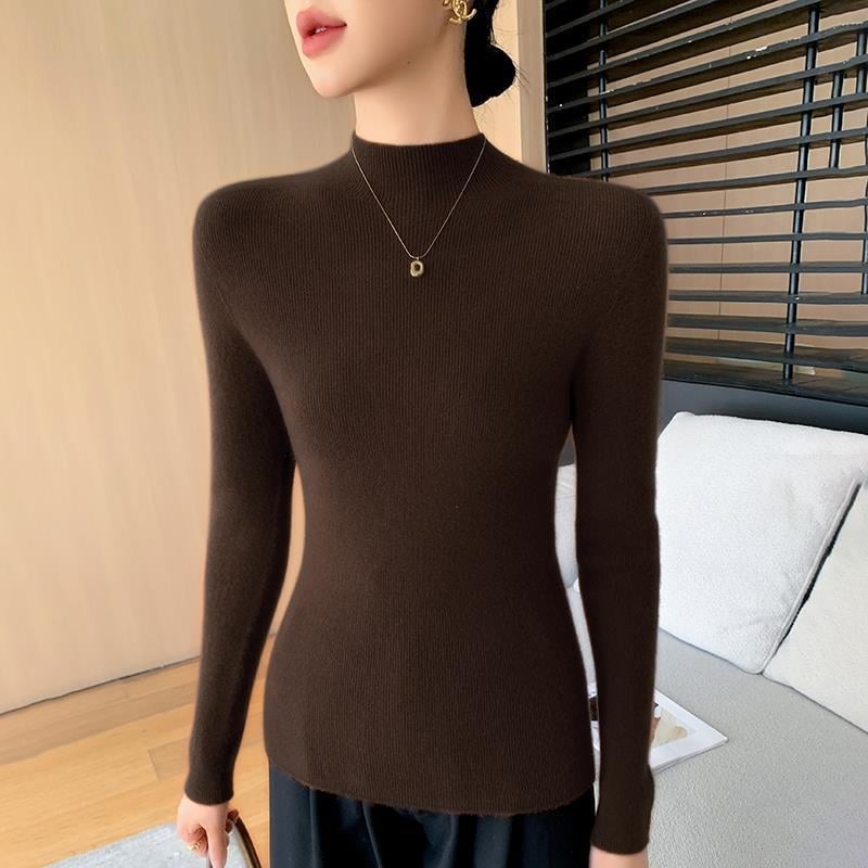 Pulover damă din tricot cu guler semiînalt, croială Slim, mâneci lungi, material tricot poliester