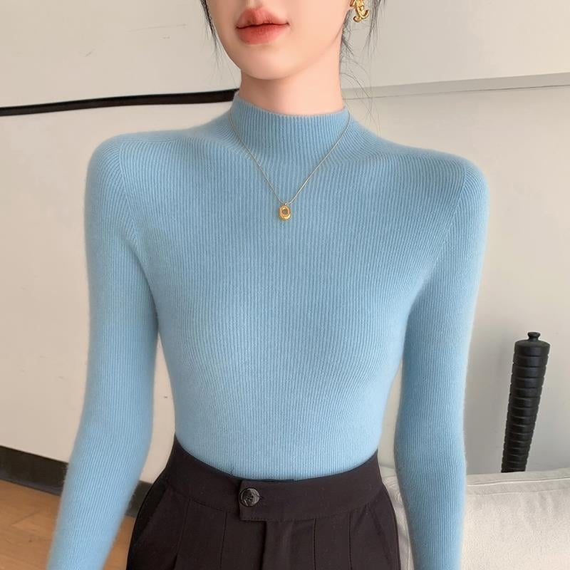 Pulover damă din tricot cu guler semiînalt, croială Slim, mâneci lungi, material tricot poliester