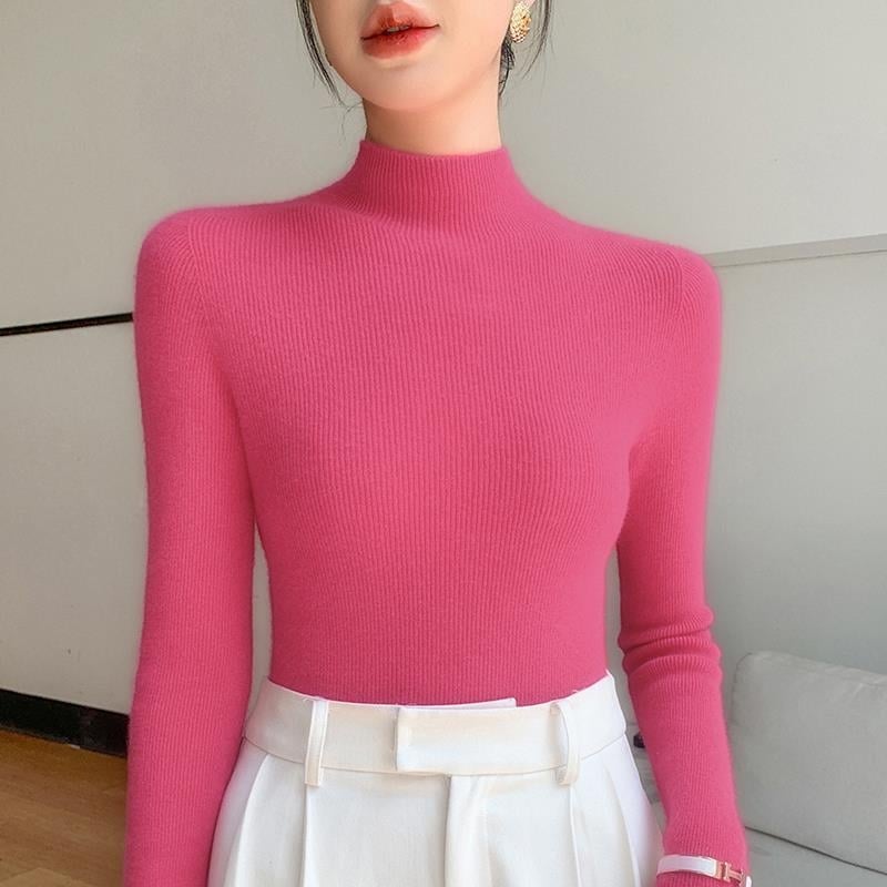 Pulover damă din tricot cu guler semiînalt, croială Slim, mâneci lungi, material tricot poliester