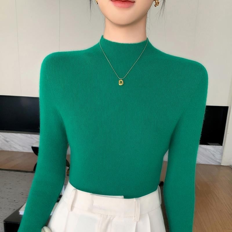 Pulover damă din tricot cu guler semiînalt, croială Slim, mâneci lungi, material tricot poliester