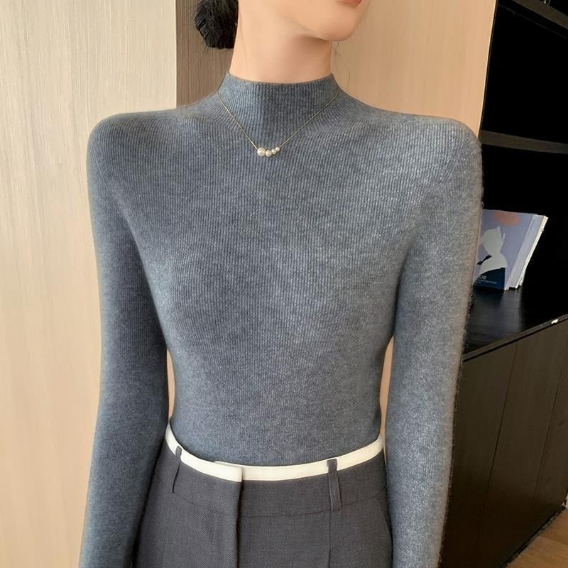 Pulover damă din tricot cu guler semiînalt, croială Slim, mâneci lungi, material tricot poliester