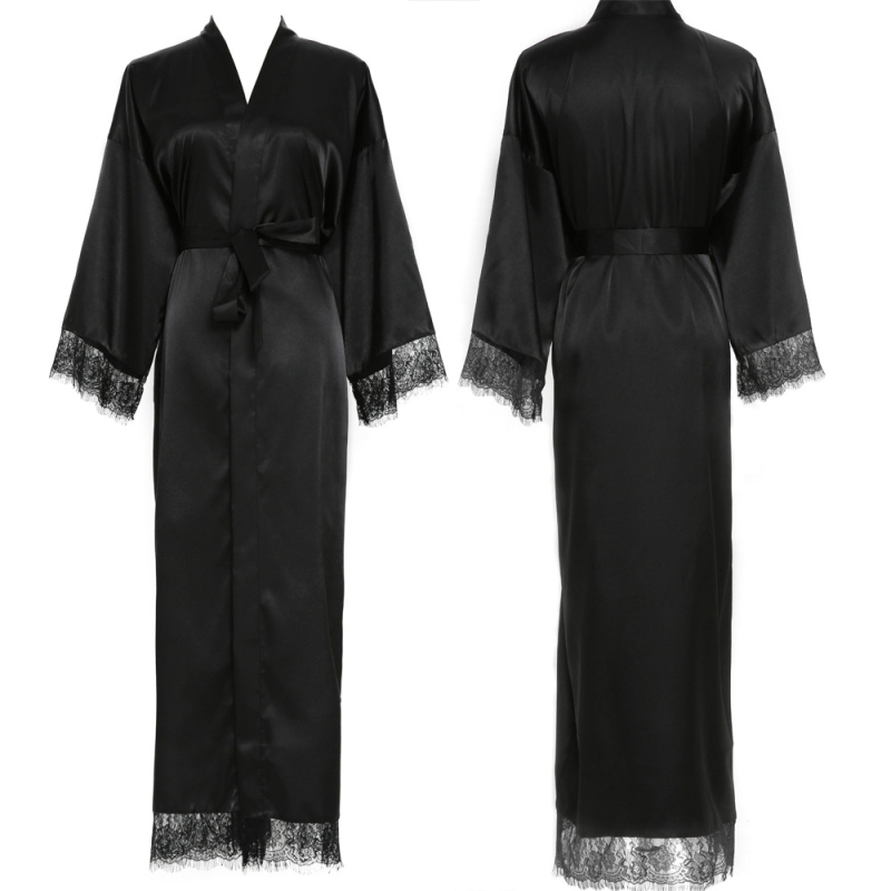 Sieviešu garais halāts ar mežģīnēm no imitācijas zīda; poliesters 90–95%; ultra plāns 81–100 g/m2; V kakla izgriezums; 7/8 piedurknēm