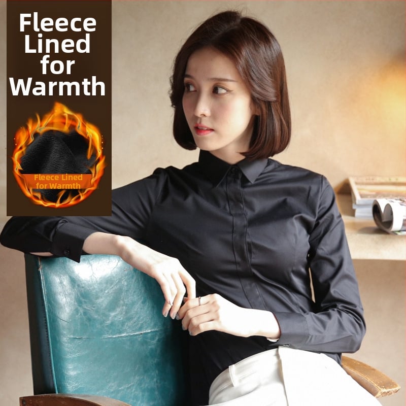 Fleece-alapú béléssel ellátott hosszú ujjú ing, pamut-poliészter keverék, szűk fazon, V-nyakú gallér, professzionális munkaruházat