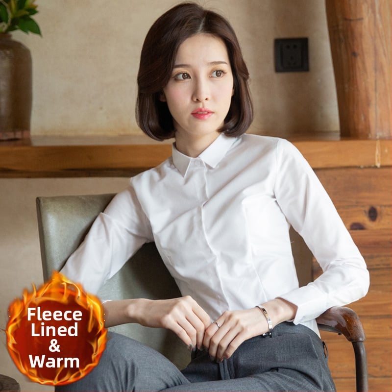 Fleece-alapú béléssel ellátott hosszú ujjú ing, pamut-poliészter keverék, szűk fazon, V-nyakú gallér, professzionális munkaruházat