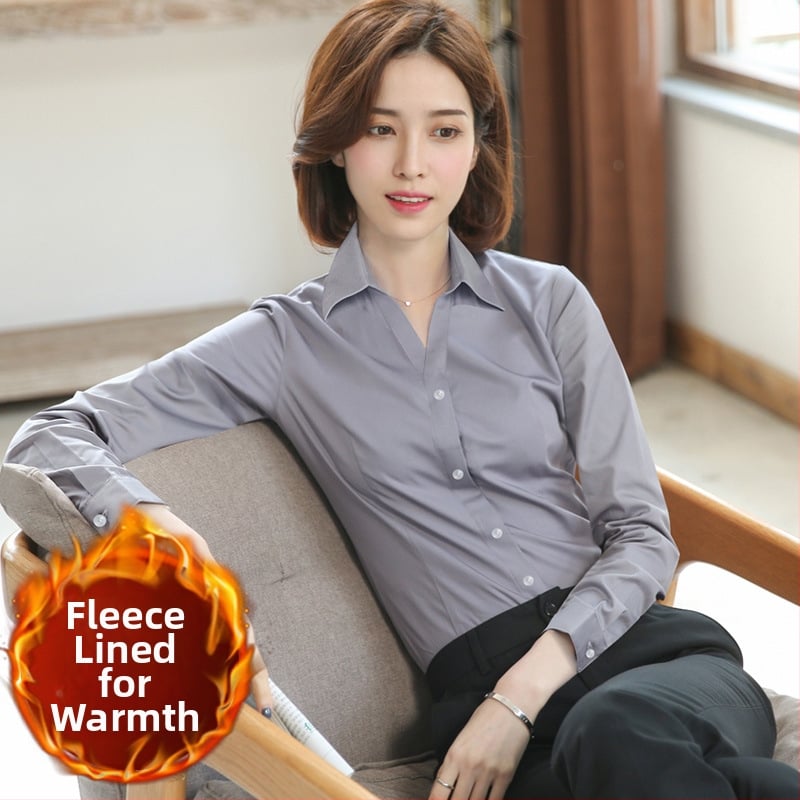 Fleece-alapú béléssel ellátott hosszú ujjú ing, pamut-poliészter keverék, szűk fazon, V-nyakú gallér, professzionális munkaruházat