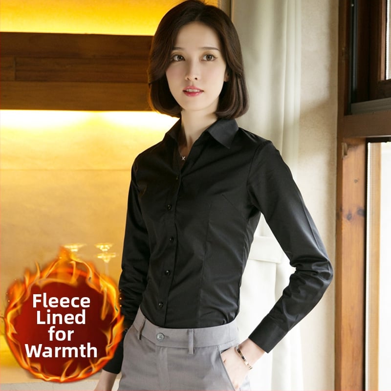 Fleece-alapú béléssel ellátott hosszú ujjú ing, pamut-poliészter keverék, szűk fazon, V-nyakú gallér, professzionális munkaruházat