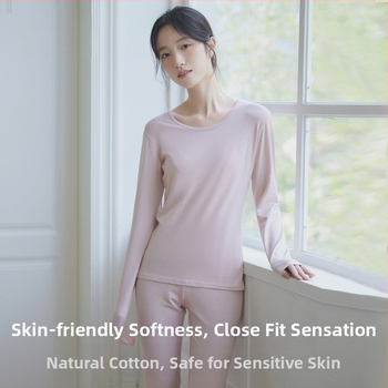 Moterų medvilninis šiluminis bazinis komplektas: apvalaus kaklo ilgas rankoves viršus ir kelnės, šilta, vienos spalvos, vidutinio storio