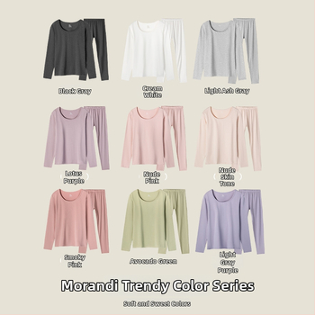 Moterų medvilninis šiluminis bazinis komplektas: apvalaus kaklo ilgas rankoves viršus ir kelnės, šilta, vienos spalvos, vidutinio storio