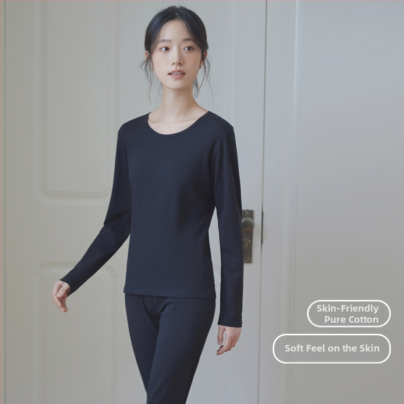 Moterų medvilninis šiluminis bazinis komplektas: apvalaus kaklo ilgas rankoves viršus ir kelnės, šilta, vienos spalvos, vidutinio storio