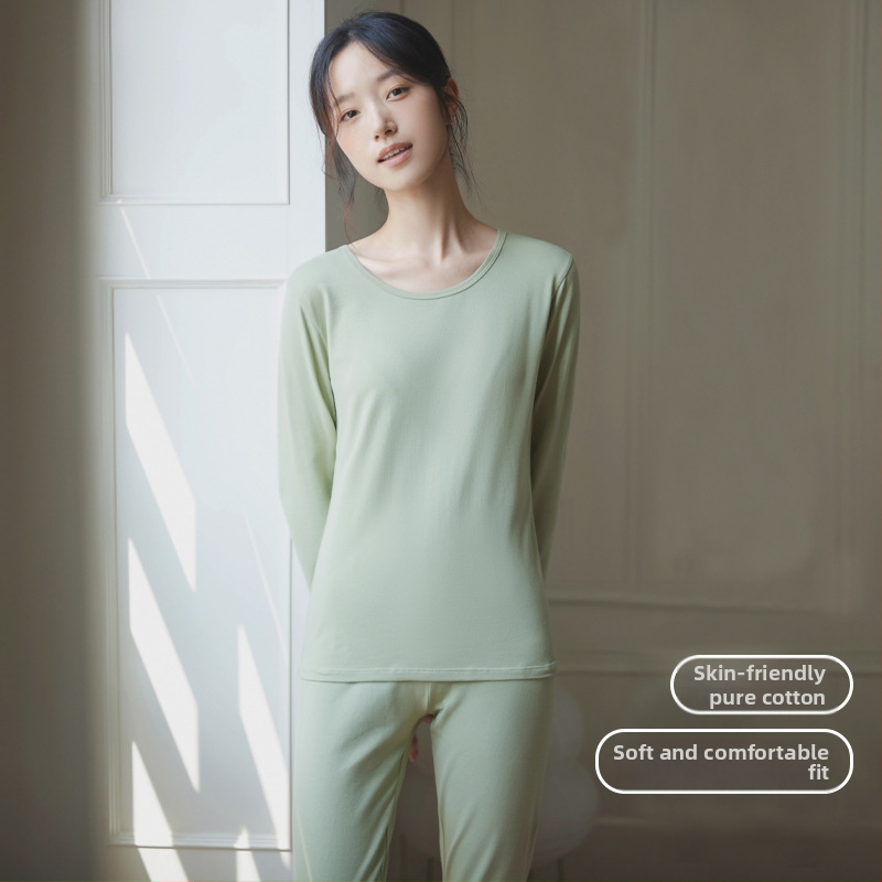 Moterų medvilninis šiluminis bazinis komplektas: apvalaus kaklo ilgas rankoves viršus ir kelnės, šilta, vienos spalvos, vidutinio storio