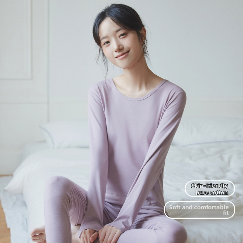 Moterų medvilninis šiluminis bazinis komplektas: apvalaus kaklo ilgas rankoves viršus ir kelnės, šilta, vienos spalvos, vidutinio storio