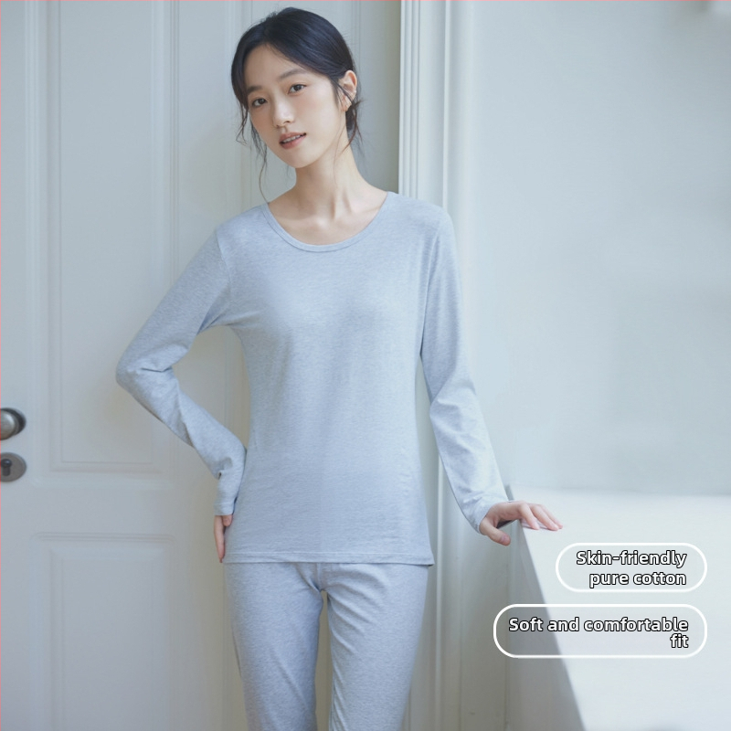 Moterų medvilninis šiluminis bazinis komplektas: apvalaus kaklo ilgas rankoves viršus ir kelnės, šilta, vienos spalvos, vidutinio storio