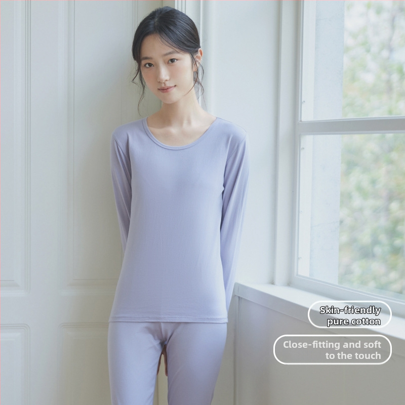 Moterų medvilninis šiluminis bazinis komplektas: apvalaus kaklo ilgas rankoves viršus ir kelnės, šilta, vienos spalvos, vidutinio storio