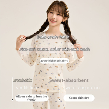 Moteriškas šilto pižamos komplektas iš super minkštos medvilnės rudens–žiemos sezonui, gyvūnų raštas, apvalus kaklas, ilgos rankovės, ilgos kelnės