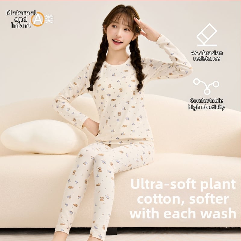 Moteriškas šilto pižamos komplektas iš super minkštos medvilnės rudens–žiemos sezonui, gyvūnų raštas, apvalus kaklas, ilgos rankovės, ilgos kelnės