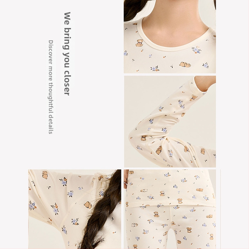 Moteriškas šilto pižamos komplektas iš super minkštos medvilnės rudens–žiemos sezonui, gyvūnų raštas, apvalus kaklas, ilgos rankovės, ilgos kelnės