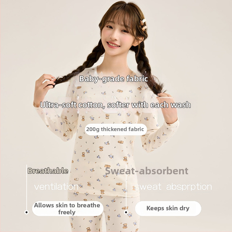 Moteriškas šilto pižamos komplektas iš super minkštos medvilnės rudens–žiemos sezonui, gyvūnų raštas, apvalus kaklas, ilgos rankovės, ilgos kelnės